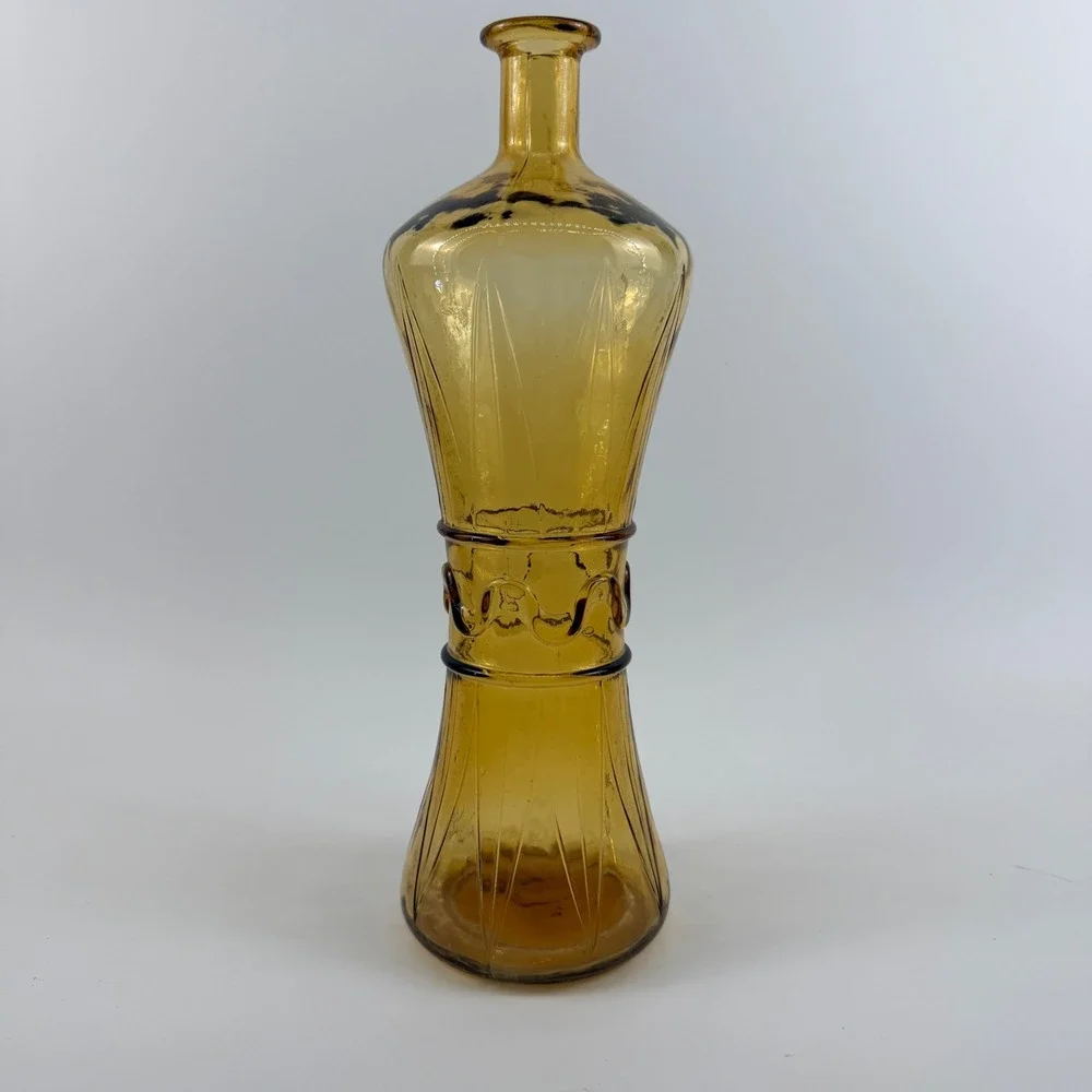 Vintage Empoli Italian Amber Glass Decanter Bottle Applied Ribbon Waist
